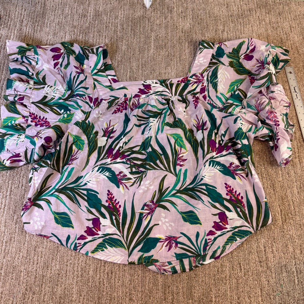 Terra & Sky Womens 4X Tropical Floral Ruffle Sleeve Square Neck Cotton Blouse